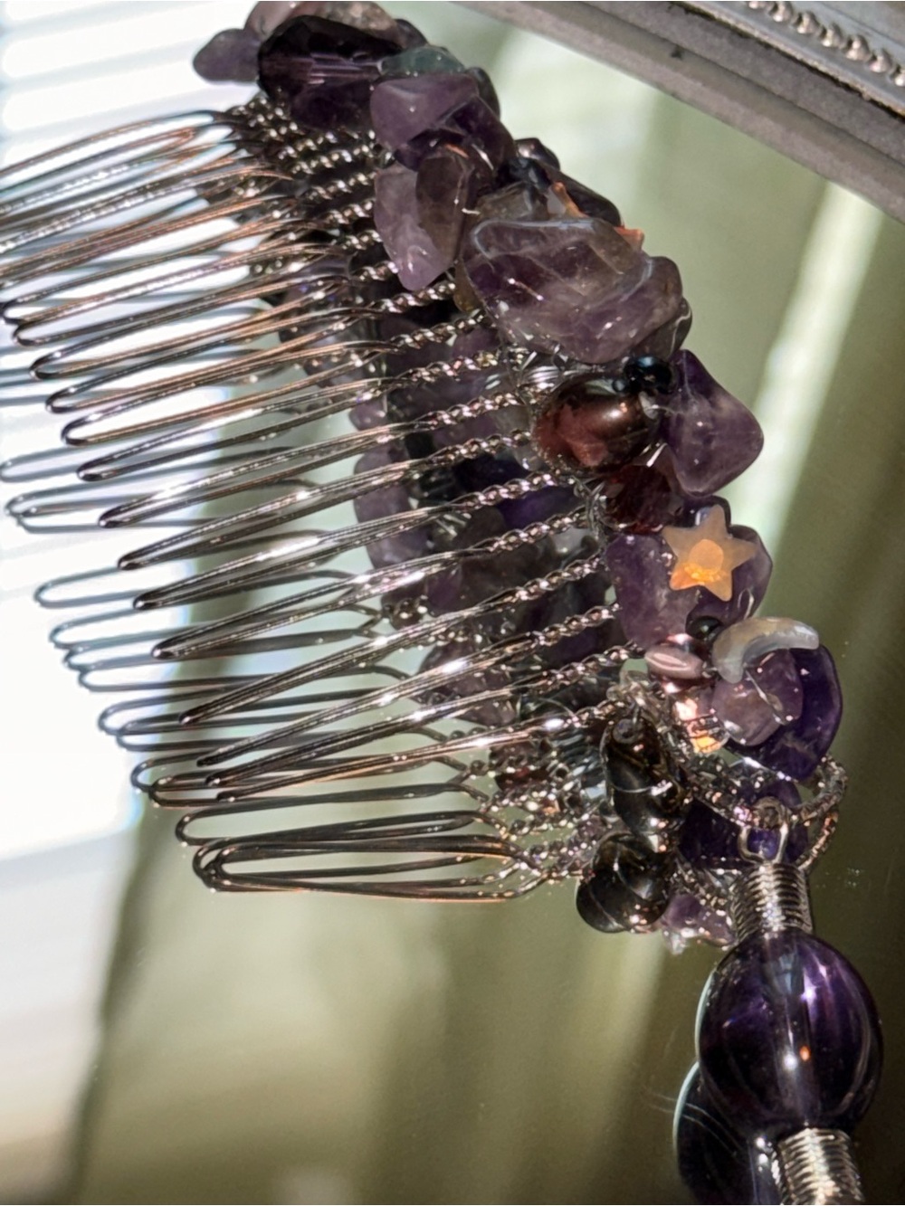 Handmade Wire Wrapped Amethyst Crystal Hair Comb with Dangle Charms